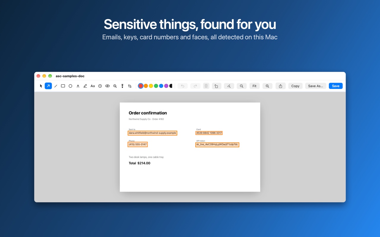 The redaction review finding an email address, a card number, a phone number and an API key