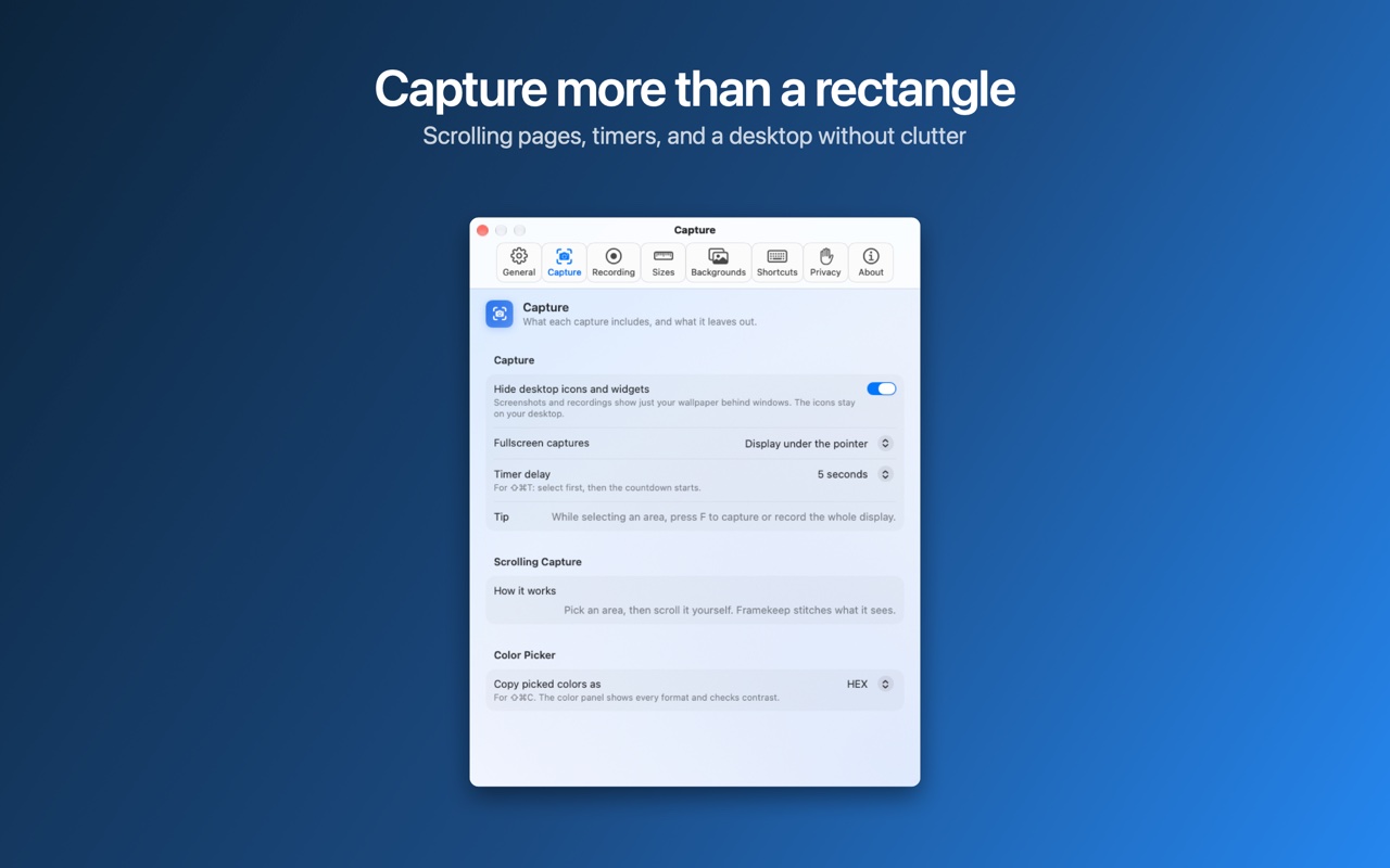 Settings, Capture: shortcuts, timers and pixel-exact sizes