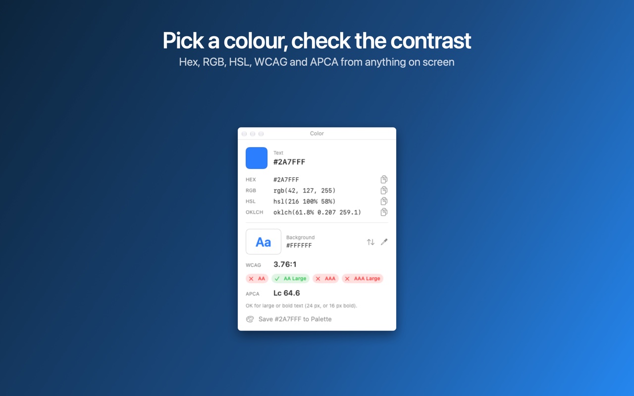 The colour picker, showing contrast measures